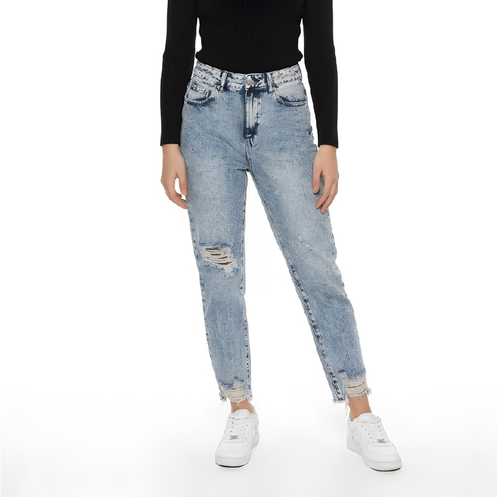 Bebe Women's High Waist Distressed Straight Leg Jeans Size 29 Blue